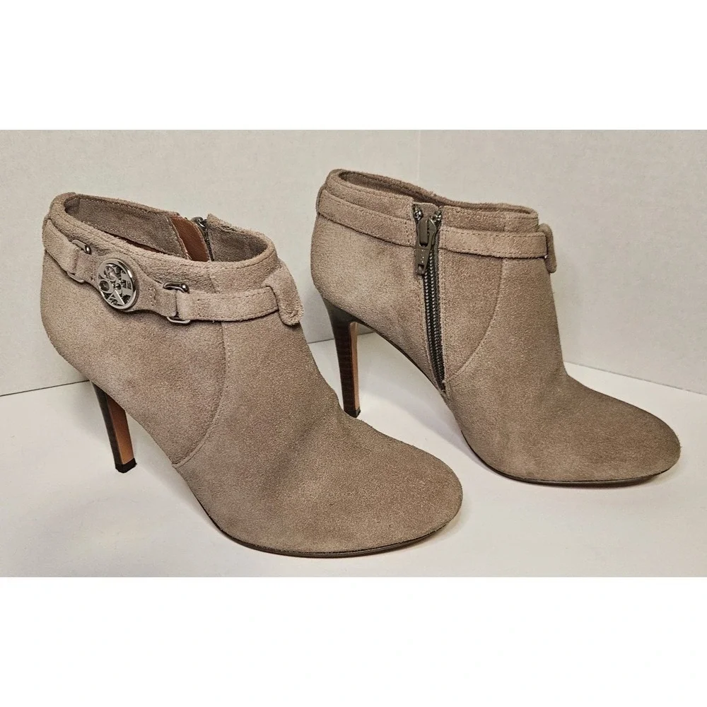 Coach Salene Taupe Suede Ankle Booties Stiletto Heel Logo Medallion 5B Chic